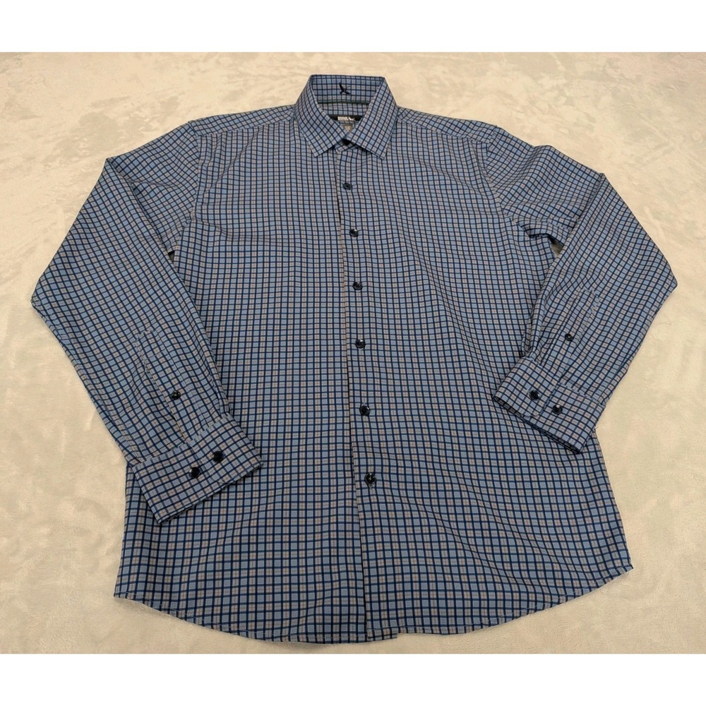 Eddie Bauer Men's Shirt Slim Fit 15 - 15 1/2 Medium Blue Plaid Button-Down Front